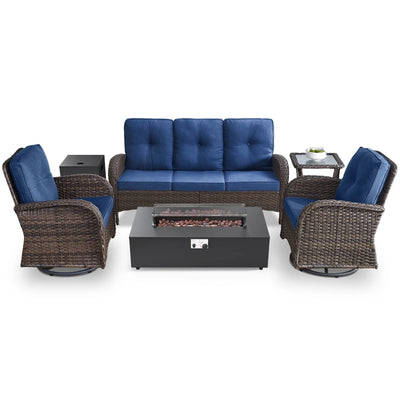 5PCS Outdoor Patio Furniture Set with Fire Pit Table, Brown Wicker Patio Furniture Couch Outdoor Swivel Chair and 43" Propane Firepit Table