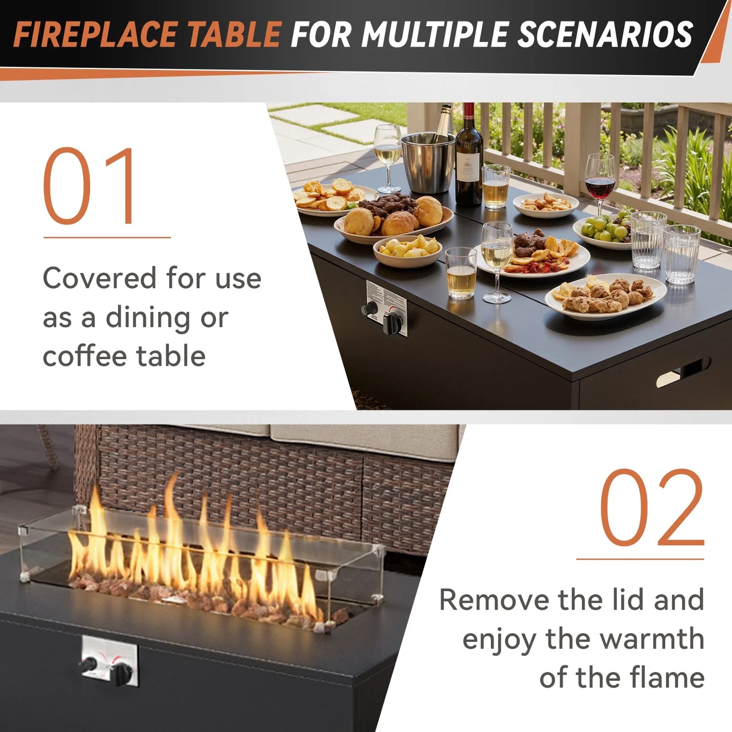 5PCS Outdoor Patio Furniture Set with Fire Pit Table, Brown Wicker Patio Furniture Couch Outdoor Swivel Chair and 43" Propane Firepit Table