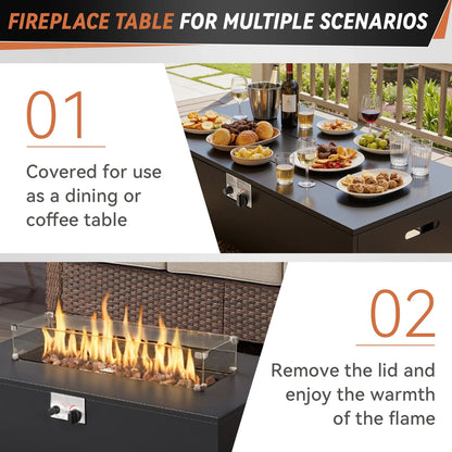 5PCS Outdoor Patio Furniture Set with Fire Pit Table, Brown Wicker Patio Furniture Couch Outdoor Swivel Chair and 43" Propane Firepit Table
