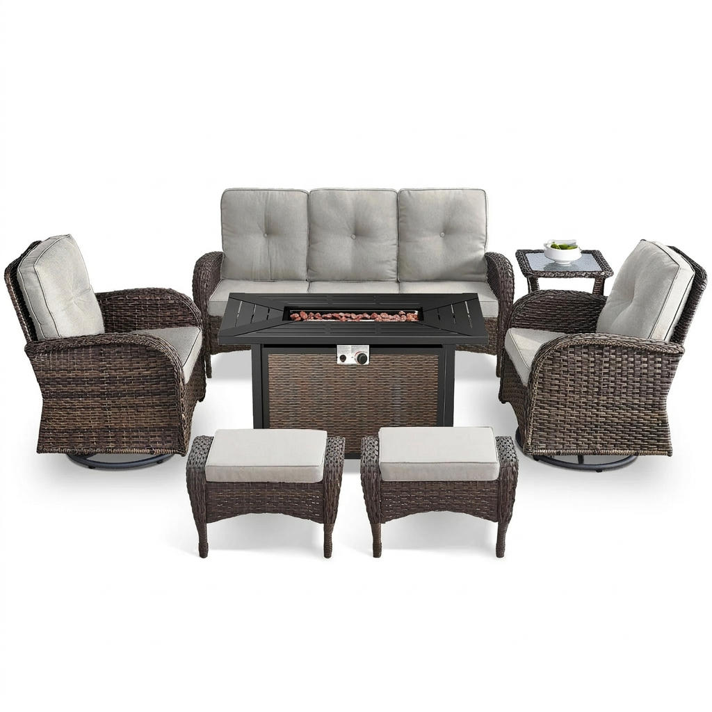 7 Piece Outdoor Patio Furniture Set, Patio Furniture Set with Fire Pit Table Rattan Wicker Patio Furniture Set, Brown Wicker & Beige Cushion — Studio Shot