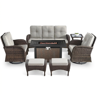 7 Piece Outdoor Patio Furniture Set, Patio Furniture Set with Fire Pit Table Rattan Wicker Patio Furniture Set, Brown Wicker & Beige Cushion — Studio Shot