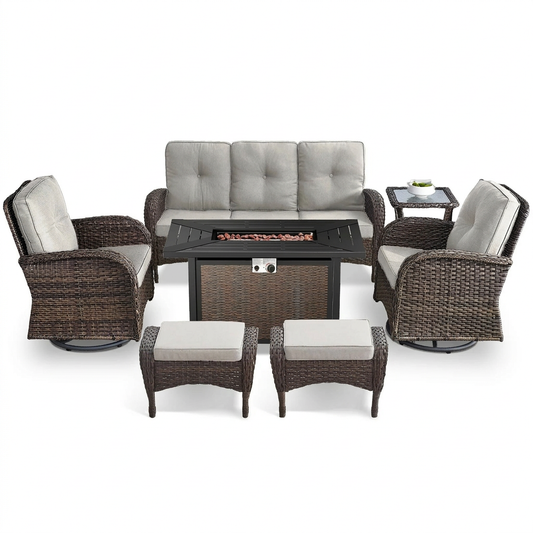 7 Piece Outdoor Patio Furniture Set, Patio Furniture Set with Fire Pit Table Rattan Wicker Patio Furniture Set, Brown Wicker & Beige Cushion — Studio Shot