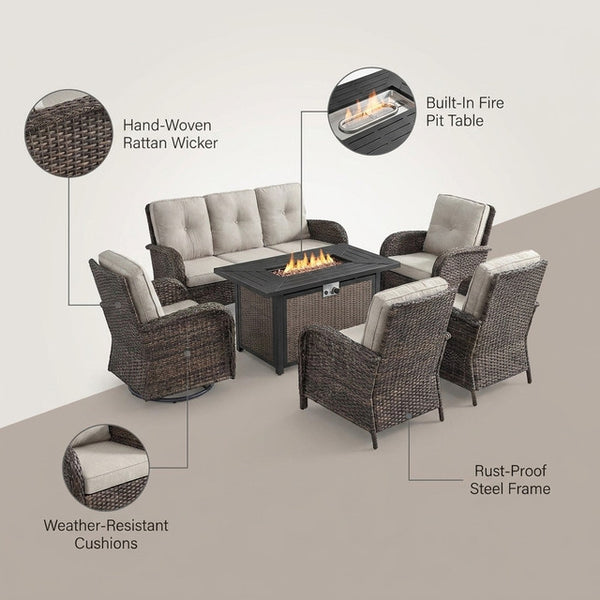 7 Piece Outdoor Patio Furniture Set, Patio Furniture Set with Fire Pit Table Rattan Wicker Patio Furniture Set, Brown Wicker & Beige Cushion