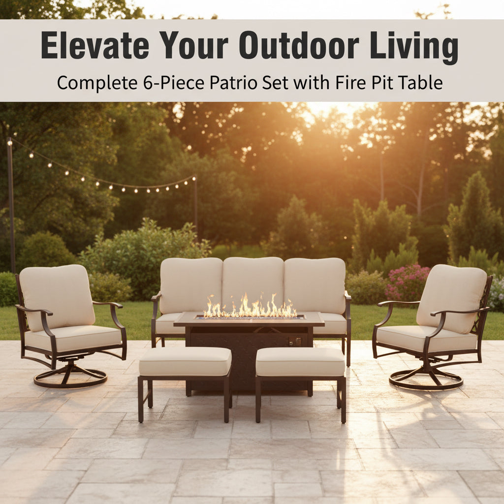 Black Metal Meshed 7 Seat 6-Piece Steel Outdoor Fire Pit Patio Set with Beige Cushions, Black Rectangular Fire Pit Table
