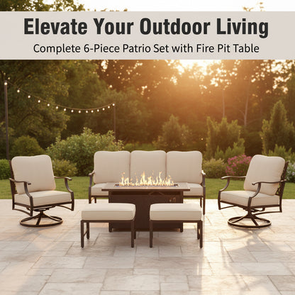 Black Metal Meshed 7 Seat 6-Piece Steel Outdoor Fire Pit Patio Set with Beige Cushions, Black Rectangular Fire Pit Table