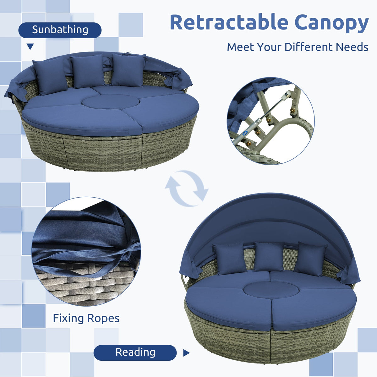 Outdoor PE Wicker Round Daybed with Retractable Canopy and Cushions-Navy