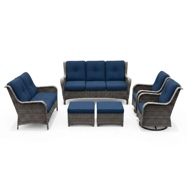 Patio Furniture Set 6-Piece Outdoor Patio Conversation Set with Blue Cushions Lawn Furniture