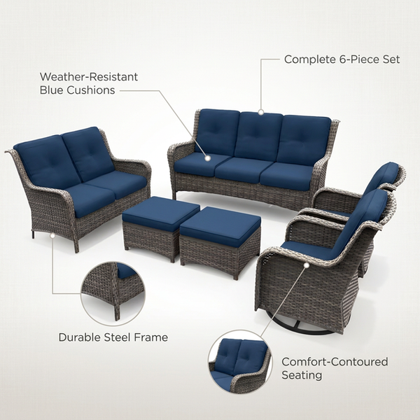 Patio Furniture Set 6-Piece Outdoor Patio Conversation Set with Blue Cushions Lawn Furniture — Lifestyle