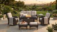 7 Piece Outdoor Patio Furniture Set, Patio Furniture Set with Fire Pit Table Rattan Wicker Patio Furniture Set, Brown Wicker & Beige Cushion — Lifestyle